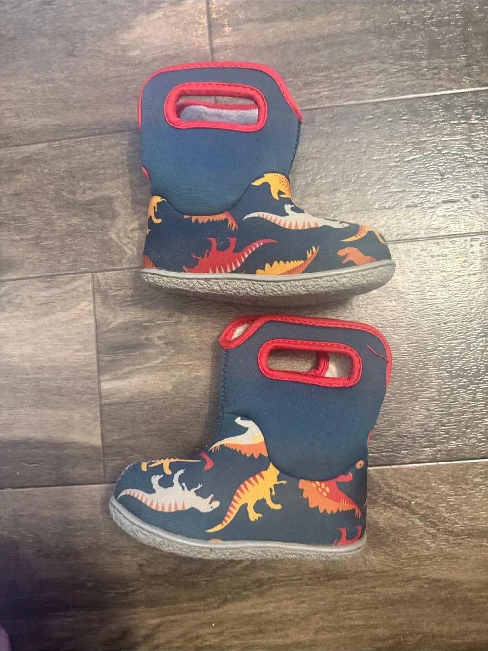Bogs Navy Baby & Walker Boots with Red Trim and Multicolor Dinosaur Print